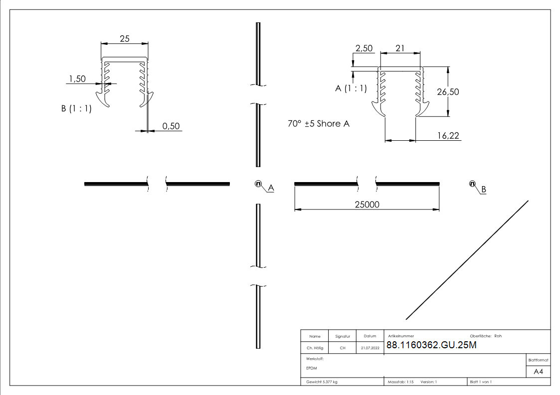 Keildichtung Glas 16,76 – 17,52mm, für Nut 24 x 24mm, Länge 25m, EPDM