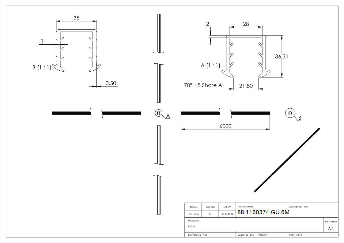 Keildichtung Glas 24,76 – 25,52mm, für Nut 34 x 34mm, Länge 6m, EPDM