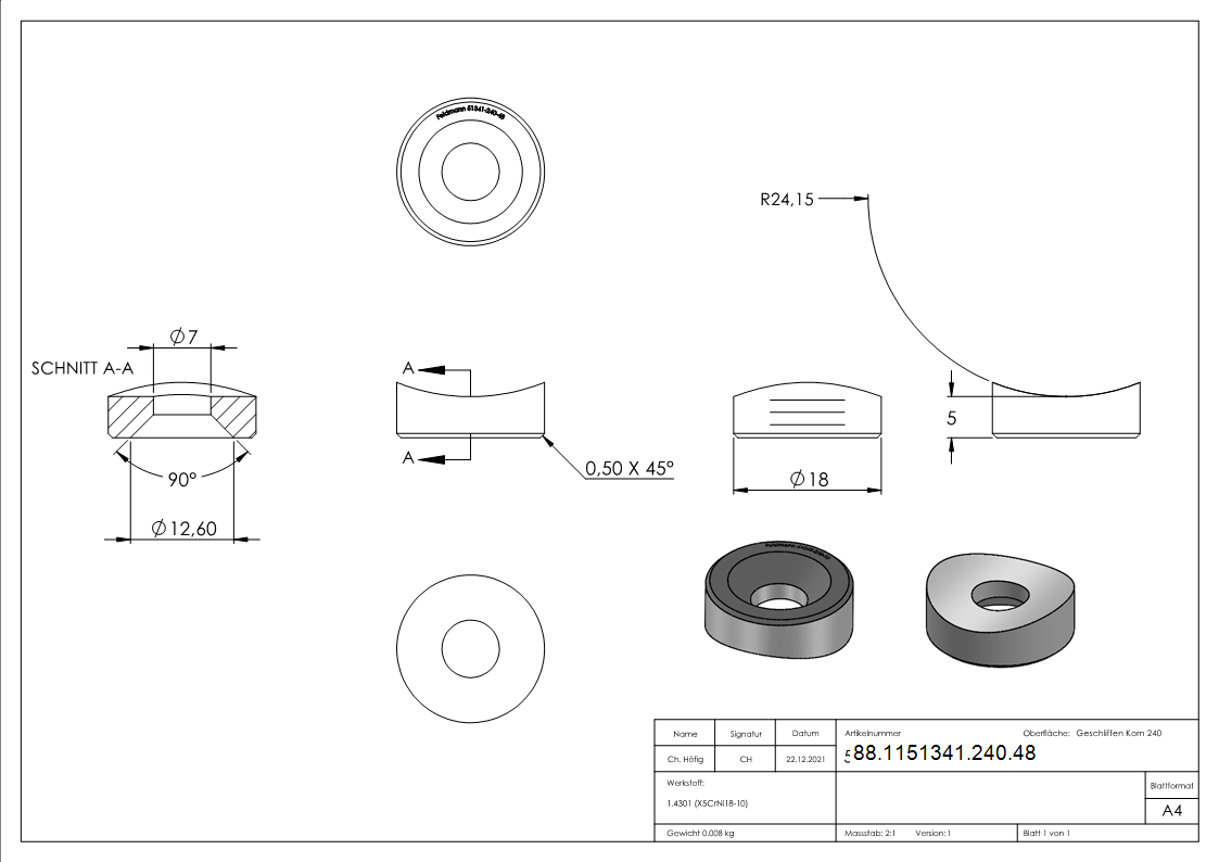 Ausgleichsstück Ø 18mm für Rundrohr 48,3mm mit Senkbohrung 6,5 mm, V2A