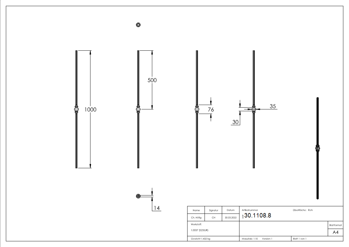 Zwischenstab | Länge: 900 mm | Material: 14 mm | rund, gehämmert | Stahl S235JR, roh