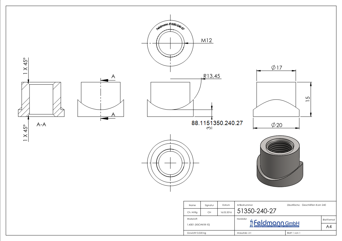 Einschweißmuffe für Torband M12 / 26,9mm