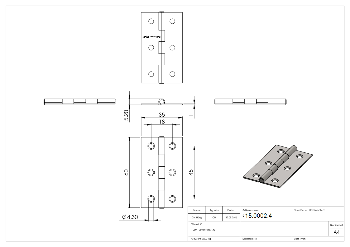 Scharnier 60 x 35mm mit festen Zapfen