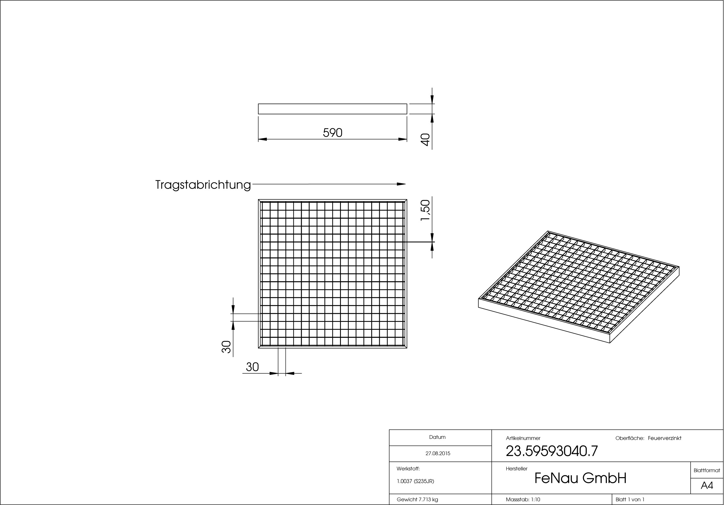 Garagen-Gitterrost | Maße:  590x590x40 mm 30/30 mm | aus S235JR (St37-2), im Vollbad feuerverzinkt