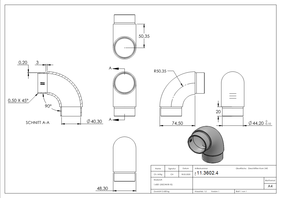 Rohrbogen 90° rund, für Rundrohr Ø 48,3x2,0 mm V2A