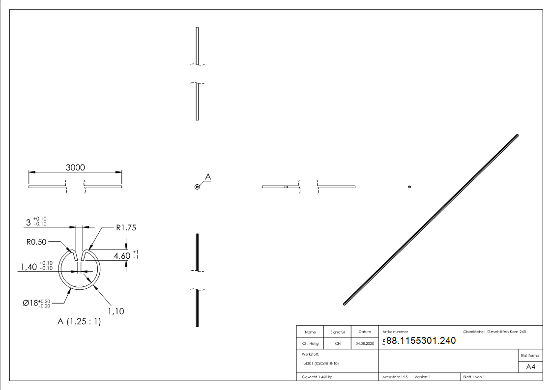 Klemmprofil Edelstahl V2A Ø 18 x 1-25 mm L = 3000 mm geschliffen Korn 240-88-1155301.240