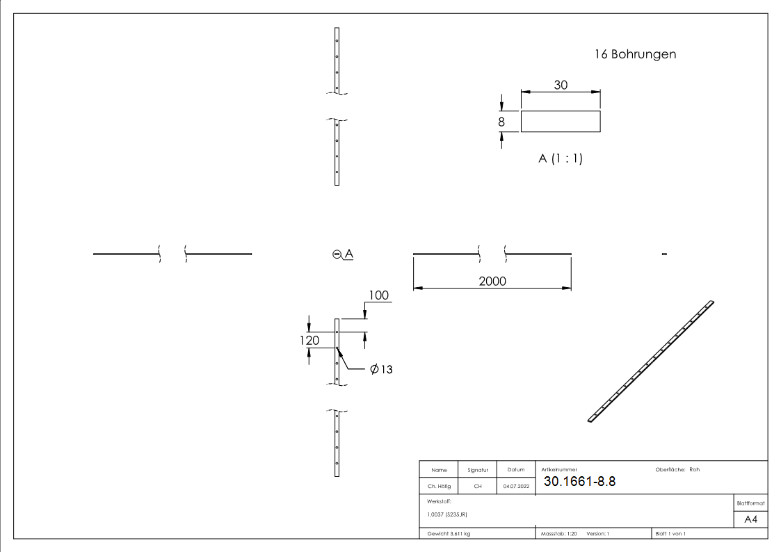 Flacheisen gelocht Laenge- 2000 mm 16 Lochungen Stahl -Roh- S235JR-30-1661-8.8