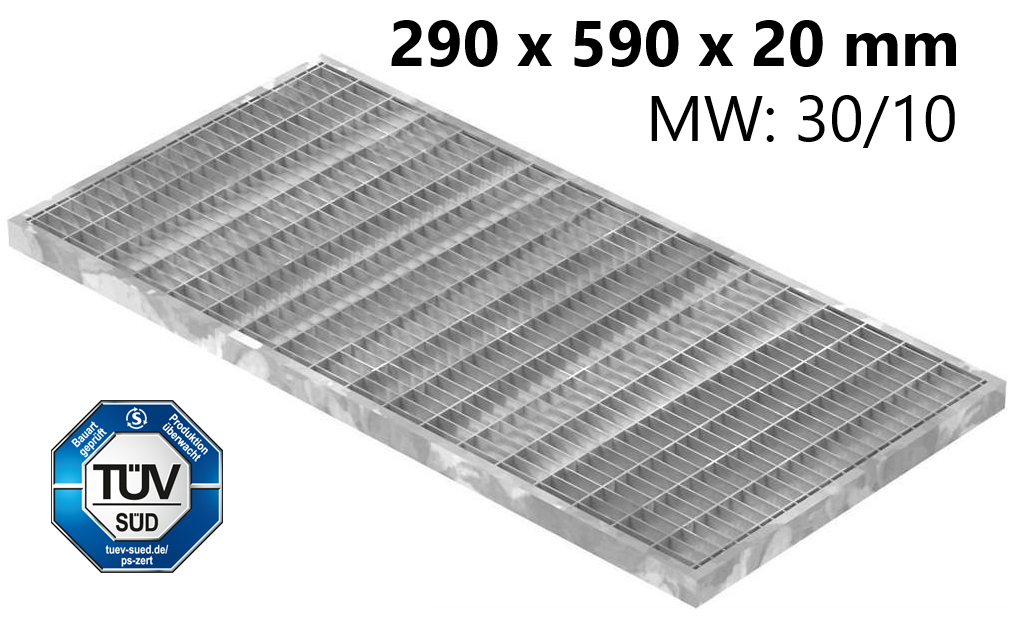 Lichtschachtrost Baunormrost | Maße:  290x590x20 mm 30/10 mm | aus S235JR (St37-2), im Vollbad feuerverzinkt