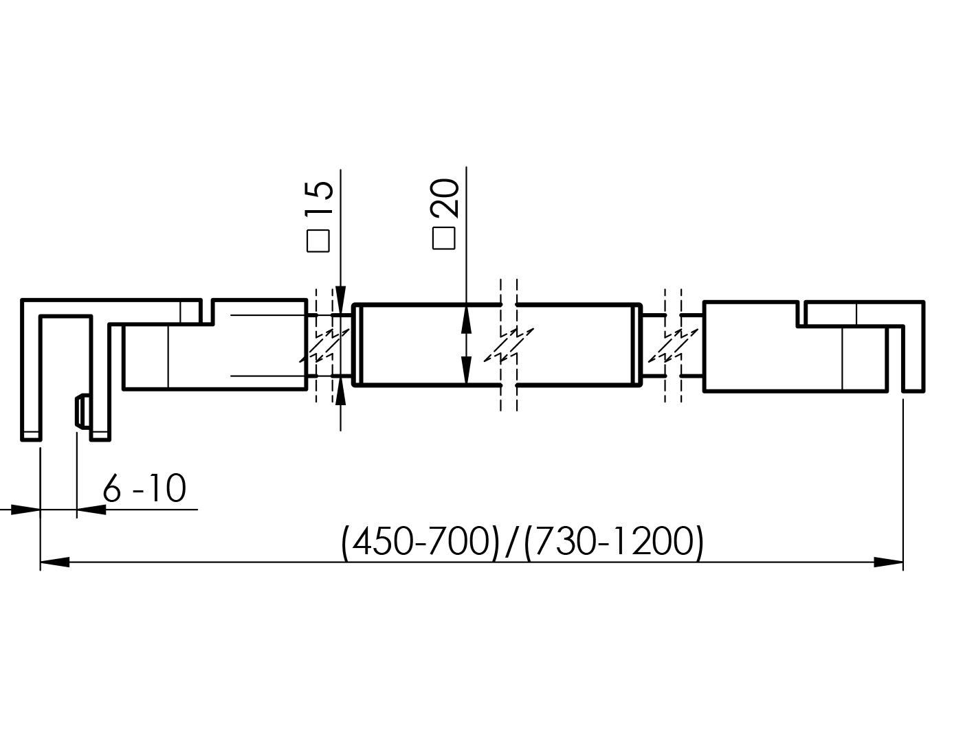 Stabilisierungsstange Edelstahl 20x20mm- L 730-1200mm- Wand-Glas-89-11GS304ZP926S-A.4