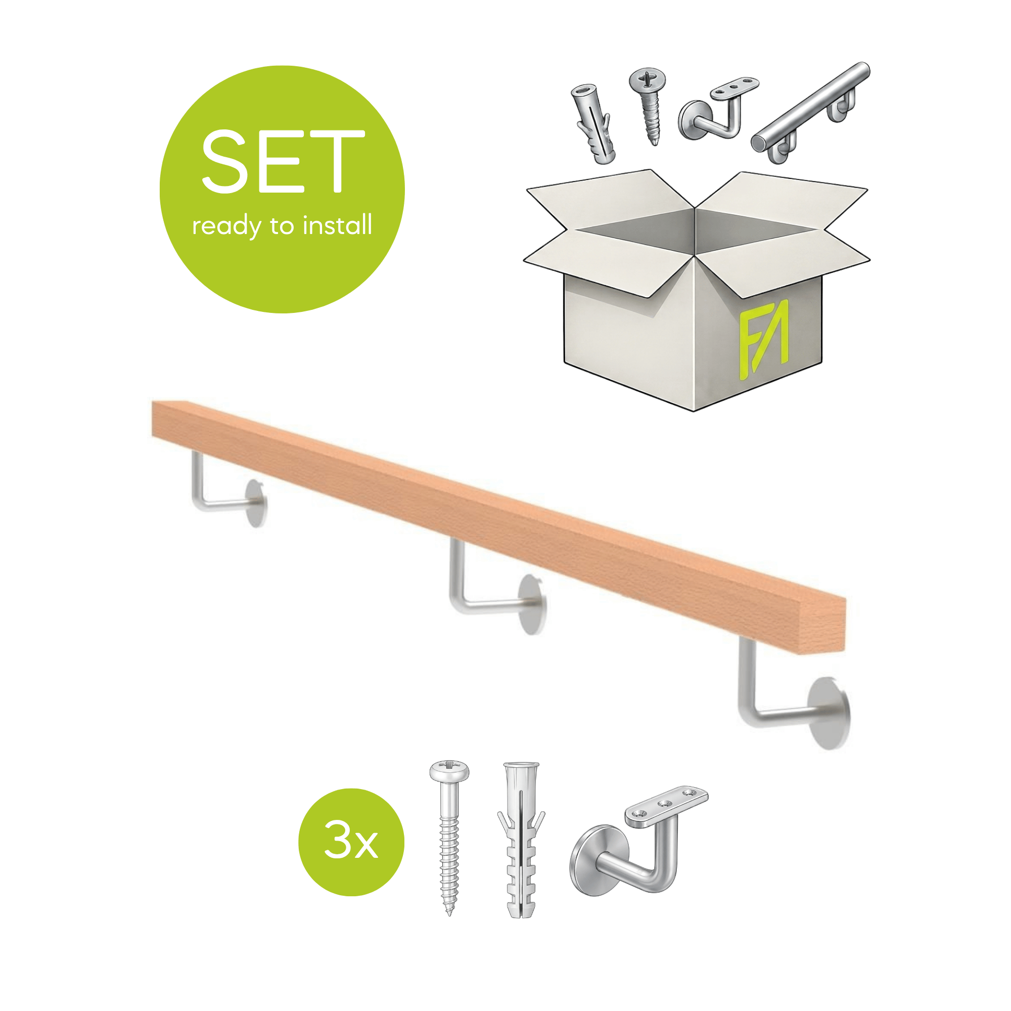 Handlauf Set Buche Edelstahl 40 x 40 x 2000 mm roh mit Halterungen- Duebel und Schrauben-89-11WBJPM2000-A.4-D