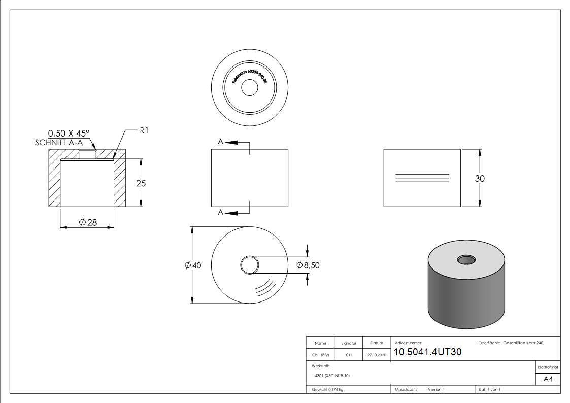 Glas-Punkthalter Unterteil Ø 40 mm + 30 mm Höhe V2A