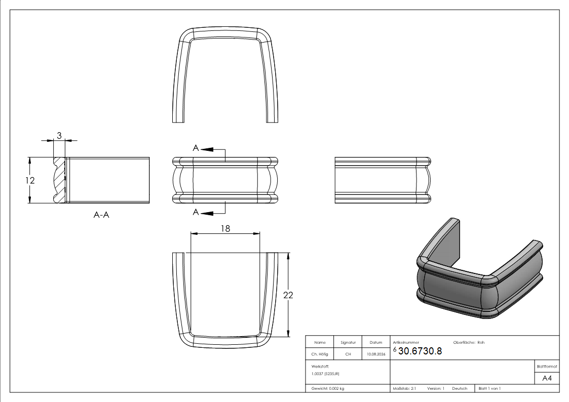 Bund - 1 Stueck - Material- 12x3 mm - Innenmass- 18x22 mm - Stahl -Roh- S235JR-30-6730.8