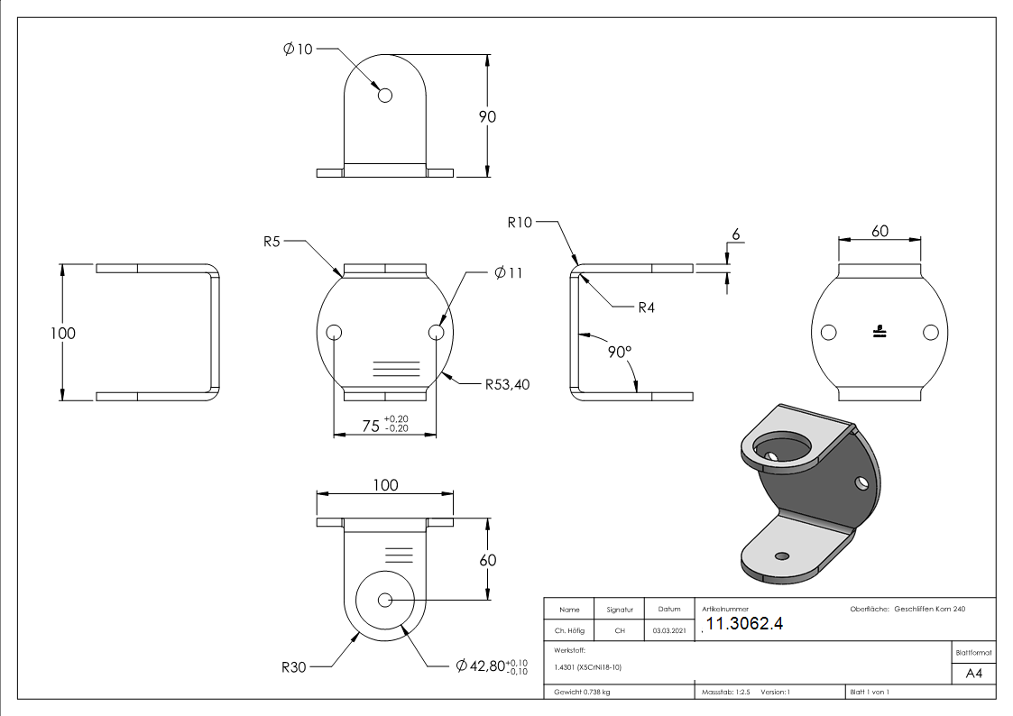 Wandbefestigung Ø 100 mm fuer Gelaenderpfosten Ø 42-4 mm - V2A-11-3062.4