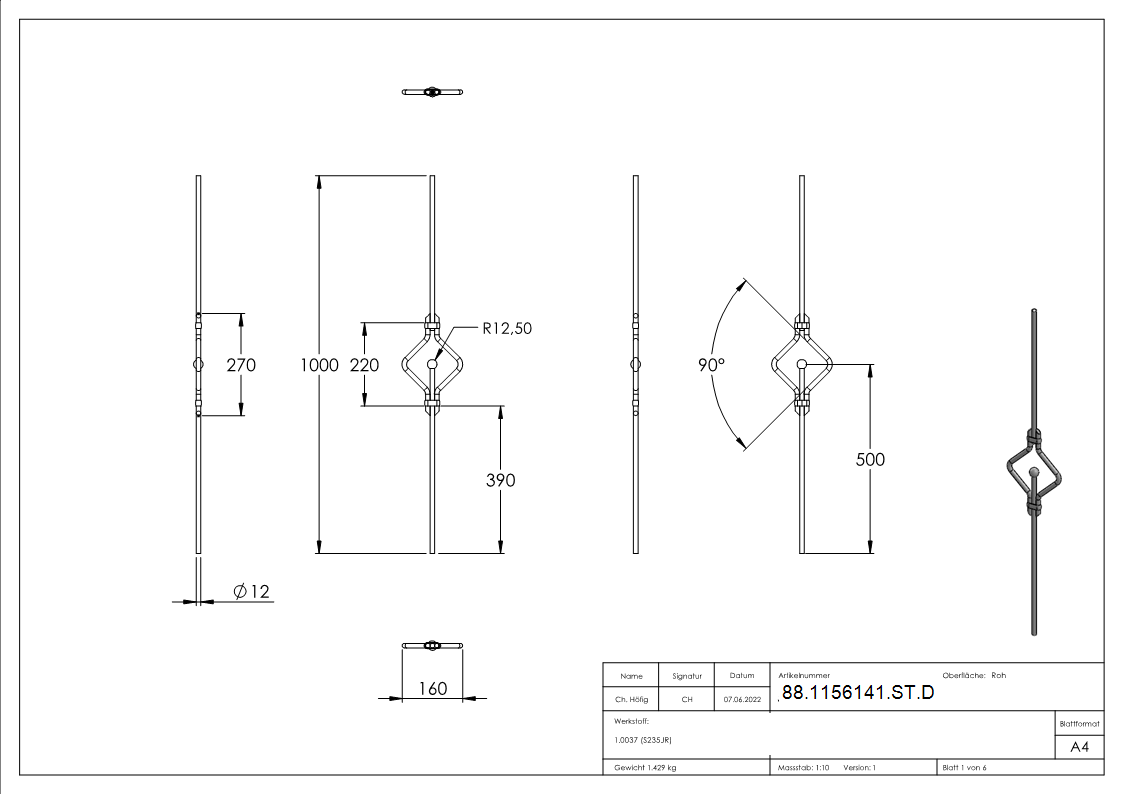 Zierstab aus Ø 12mm mit Kugel Ø 25mm, doppelt, Länge 1000mm, S235