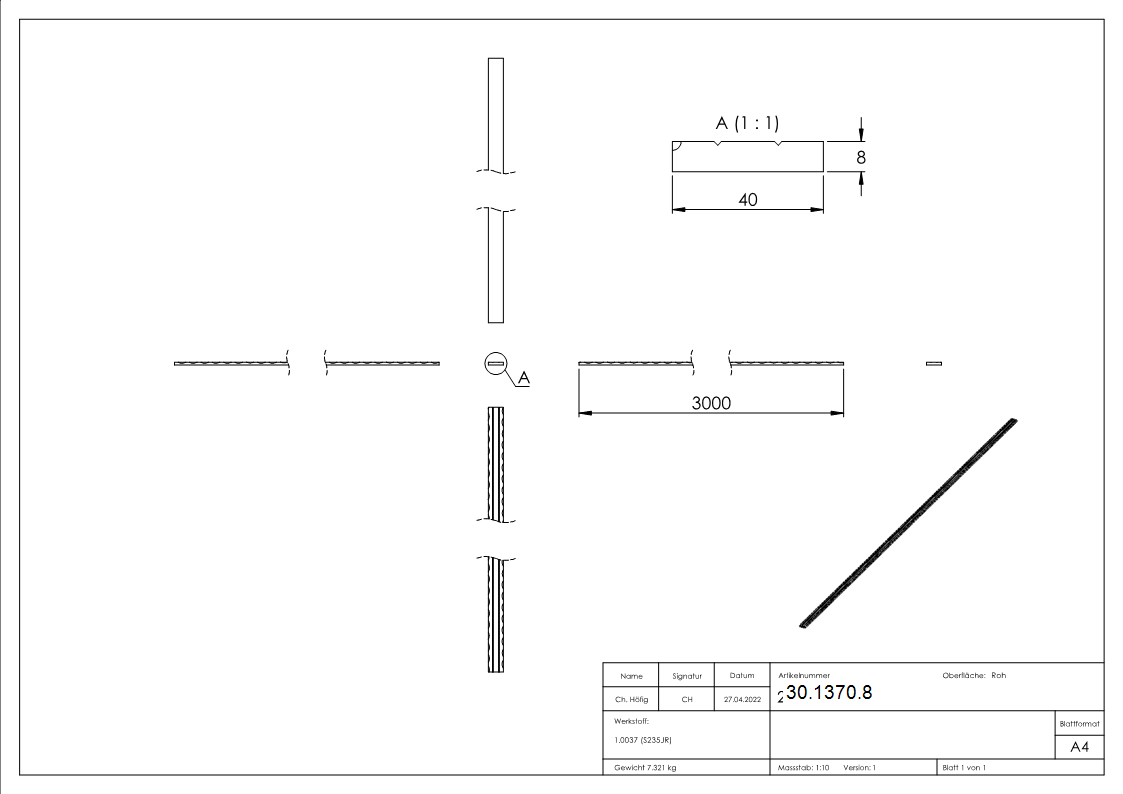 Flacheisen | 2x gerillt | Länge: 3000 mm | Material: 40x8 mm | Stahl (Roh) S235JR