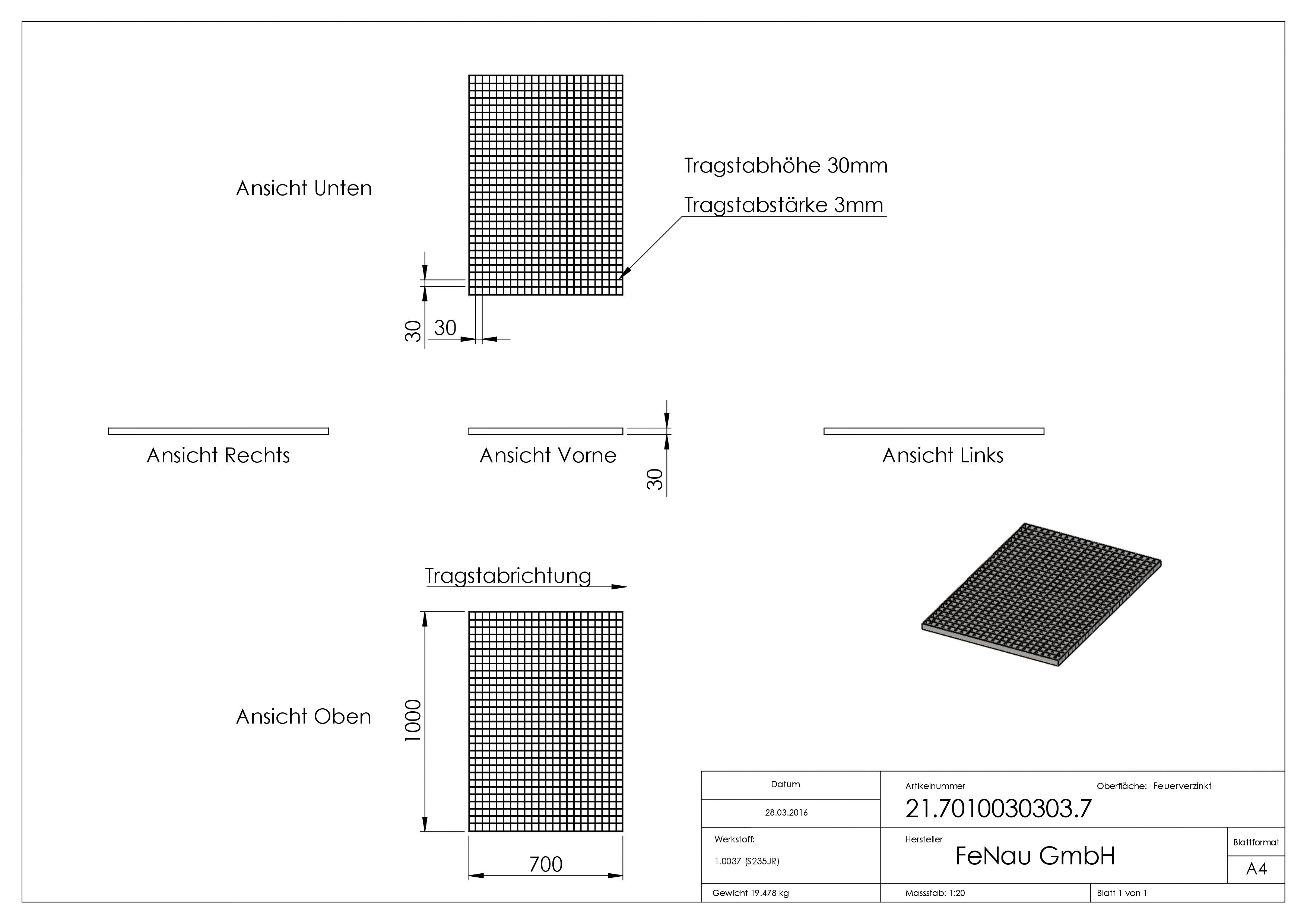 Industrie-Gitterrost - Masse- 700x1000x30 mm; MW 30-30 mm; 30-3 mm - S235JR -St37-2- im Vollbad feuerverzinkt-21-7010030303.7