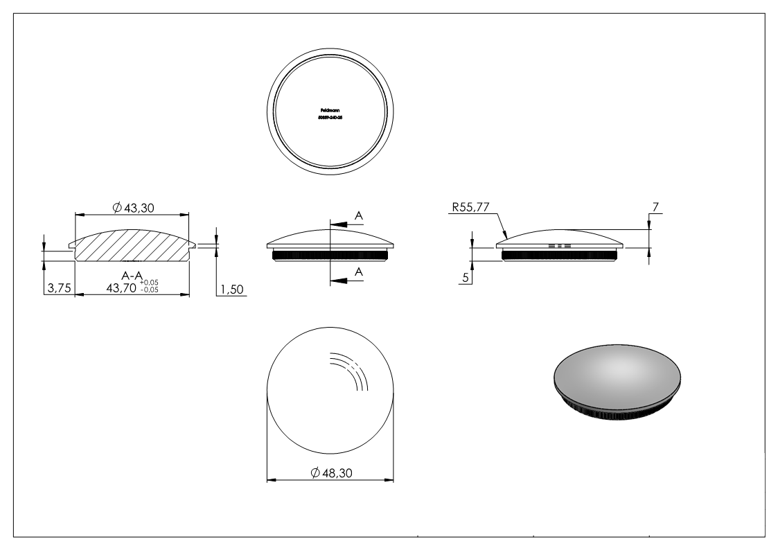 Stopfen leicht gewölbt V2A Vollmaterial für Ø 48,3x2,6 mm - dünne Ausführung