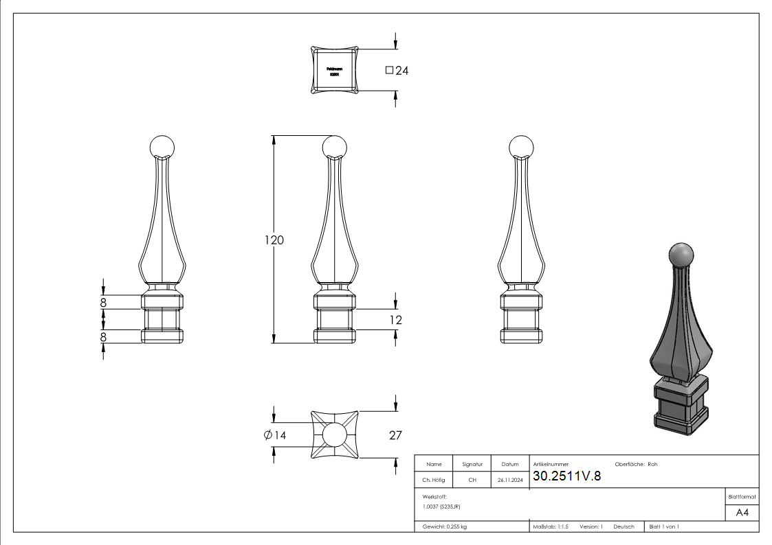 Zaunspitze - Hoehe- 120 mm - Material- 24x24 mm - Stahl S235JR- roh-30-2511V.8