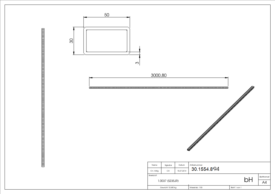 Rechteckrohr | gehämmert | Maße: 50x30x2,5 mm | Länge: 3000 mm | Stahl S235JR, roh