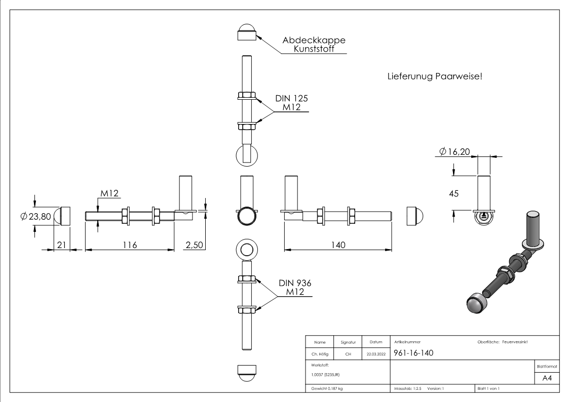 Einhängeband Torband zum Durchschrauben für Ø 16mm, Länge 140mm