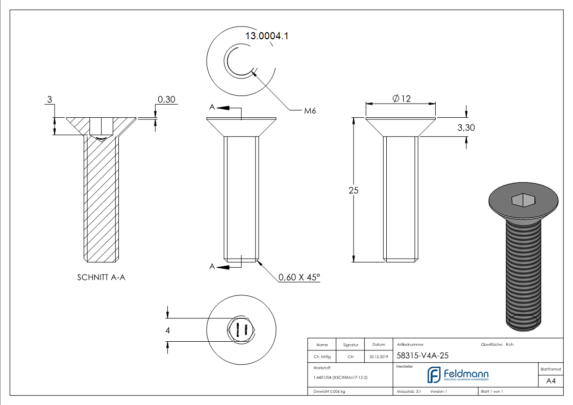 Senkkopfschraube V4A M6x25 Innensechskant ISO 10642-13-0004.1