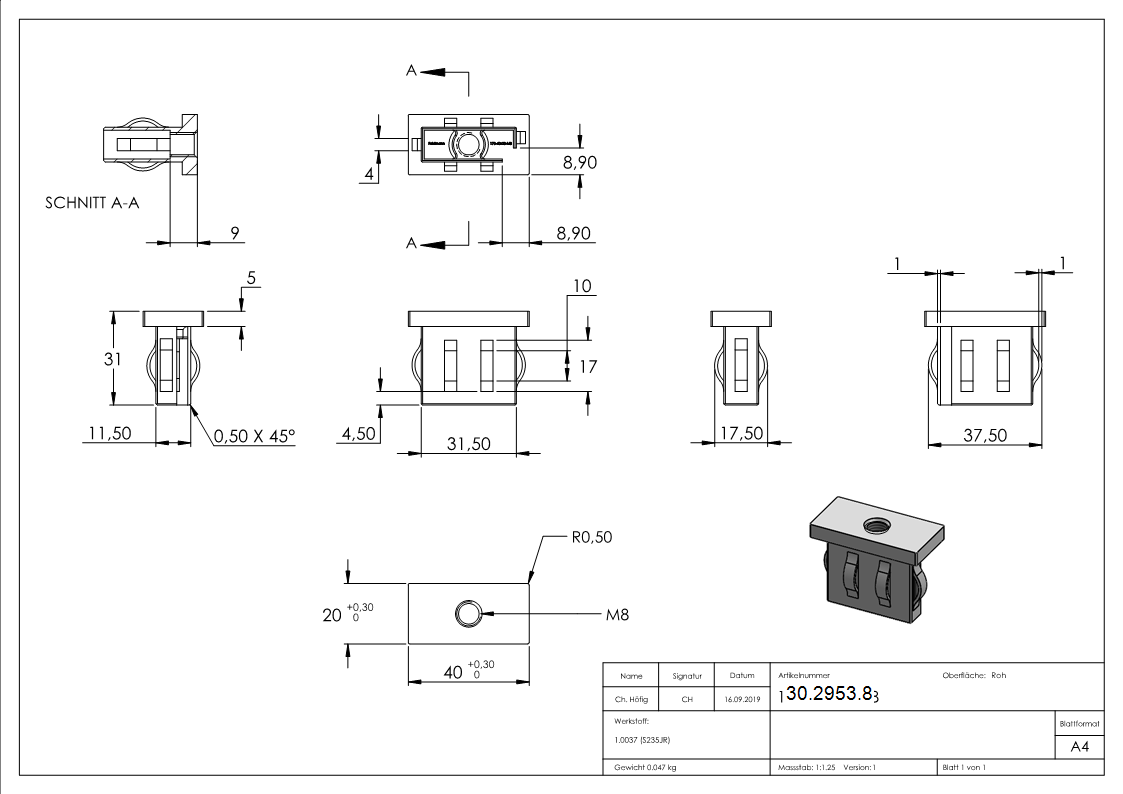 Stahlstopfen flach - mit M8 - fuer Rohr 40x20x1-5-2-0 mm - Stahl S235JR- roh-30-2953.8