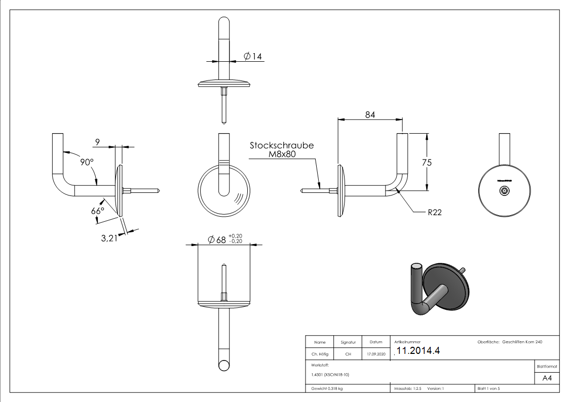 Handlaufhalter mit Ronde 70x5 mm zum Anschweißen V2A