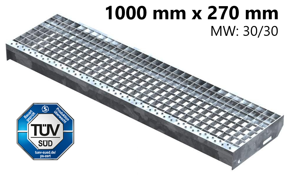 Gitterroststufe Treppenstufe | Maße: 1000x270 mm 30/30 mm | S235JR (St37-2), im Vollbad feuerverzinkt