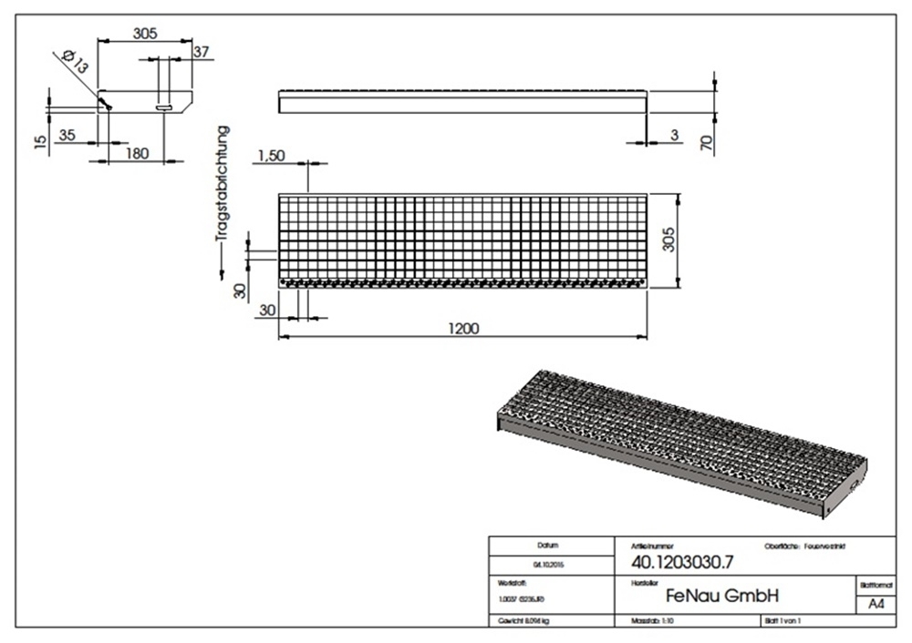 Gitterroststufe Treppenstufe | Maße: 1200x305 mm 30/30 mm | S235JR (St37-2), im Vollbad feuerverzinkt