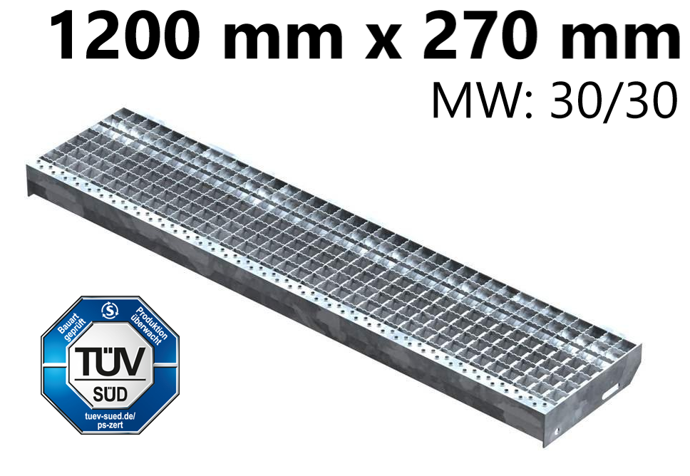 Gitterroststufe Treppenstufe | Maße: 1200x270 mm 30/30 mm R13 | S235JR (St37-2), im Vollbad feuerverzinkt