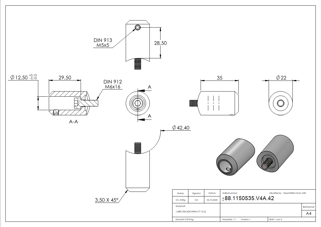 Querstabhalter V4A Edelstahl – Stossverbinder mit Bohrung Ø 12-5 mm fuer Anschluss 42-4 mm inkl- Schraube M6 -Handlaufhalter-Buegel Befestigung-88-1150535-V4A.42