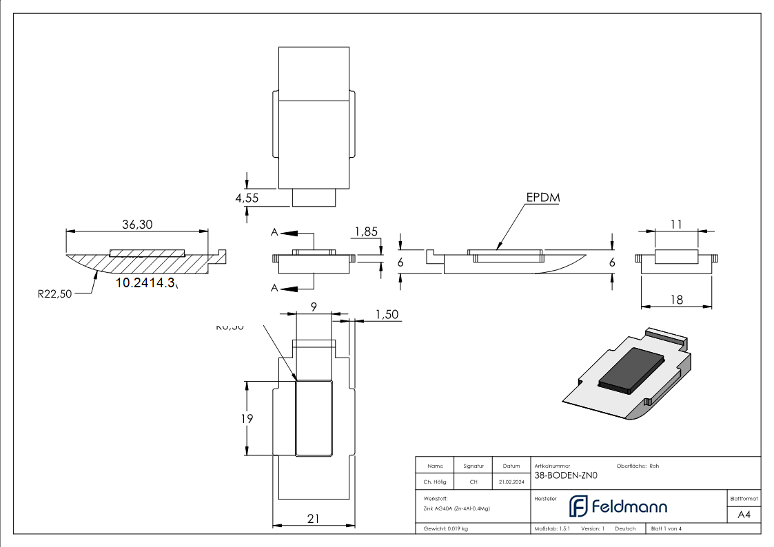 1 Sicherungsboden zu Glasklemme 63x45x30 mm AbZ Zink-10-2414.3