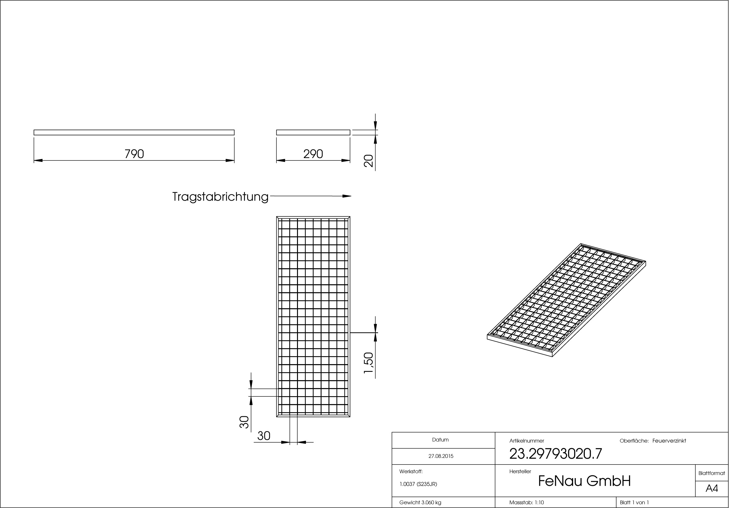 Lichtschachtrost Baunormrost | Maße:  290x790x20 mm 30/30 mm | aus S235JR (St37-2), im Vollbad feuerverzinkt