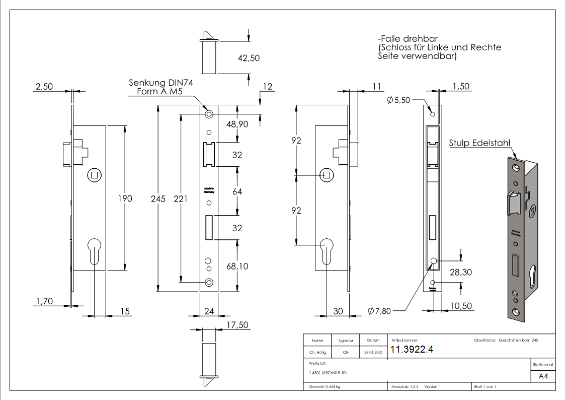 Rohrrahmenschloss verzinkt- Abstand 92 mm- Dornmass 30 mm- Stulpe Edelstahl-11-3922.4