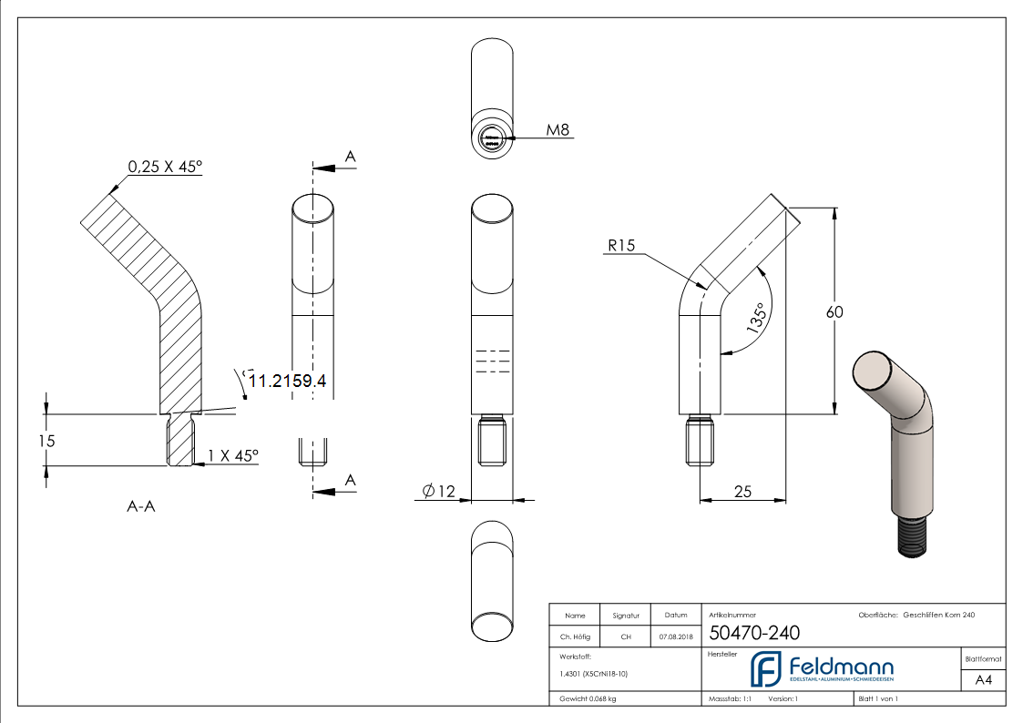 Stift | 135° gebogen | Maße: 60x12 mm | Gewinde: M8x15 mm | zum Anschweißen | V2A