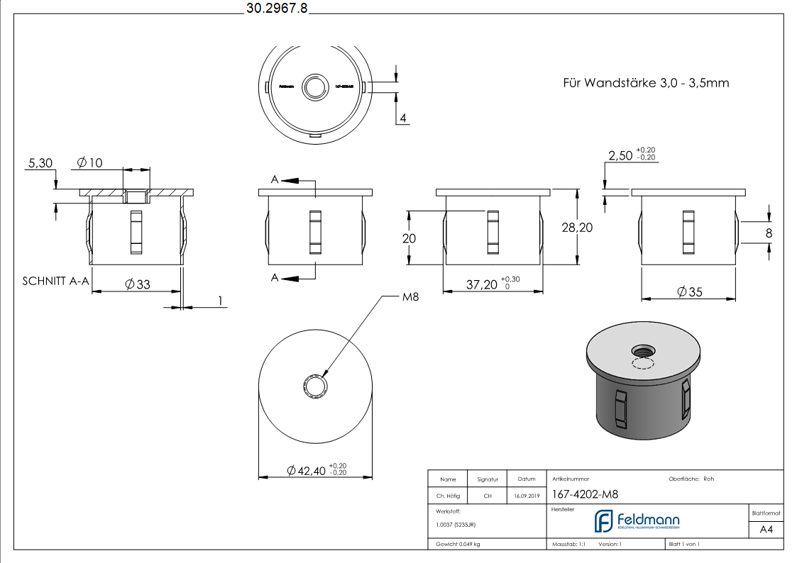 Stahlstopfen | mit M8 | flach | für Rohr Ø 42,4 x 3,0-3,5 mm | Stahl (Roh) S235JR