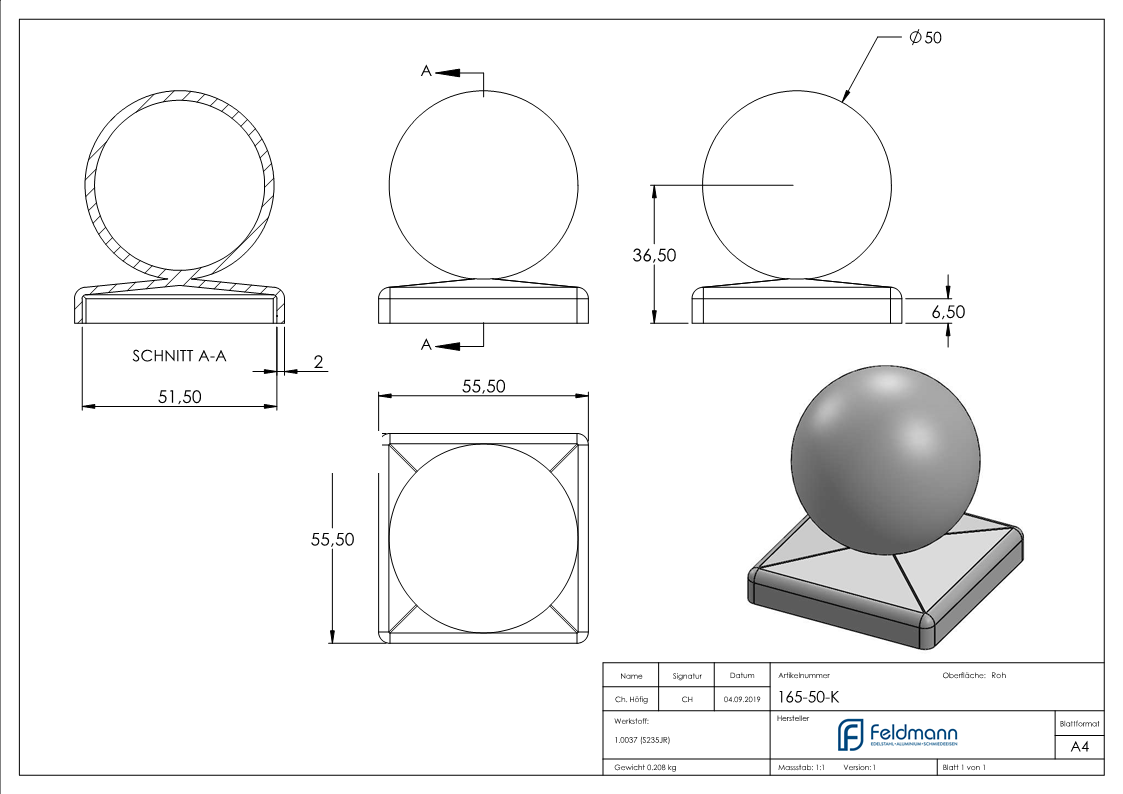 Pfeilerbedecker für Quadratrohr | 50x50 mm | mit Kugel Ø 50 mm | Stahl (Roh) S235JR