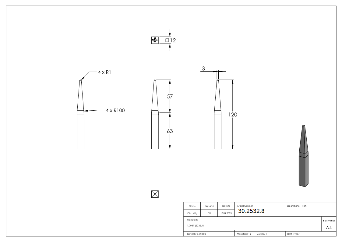 Zaunspitze 12x12 mm Höhe 120 mm | Stahl S235JR, roh