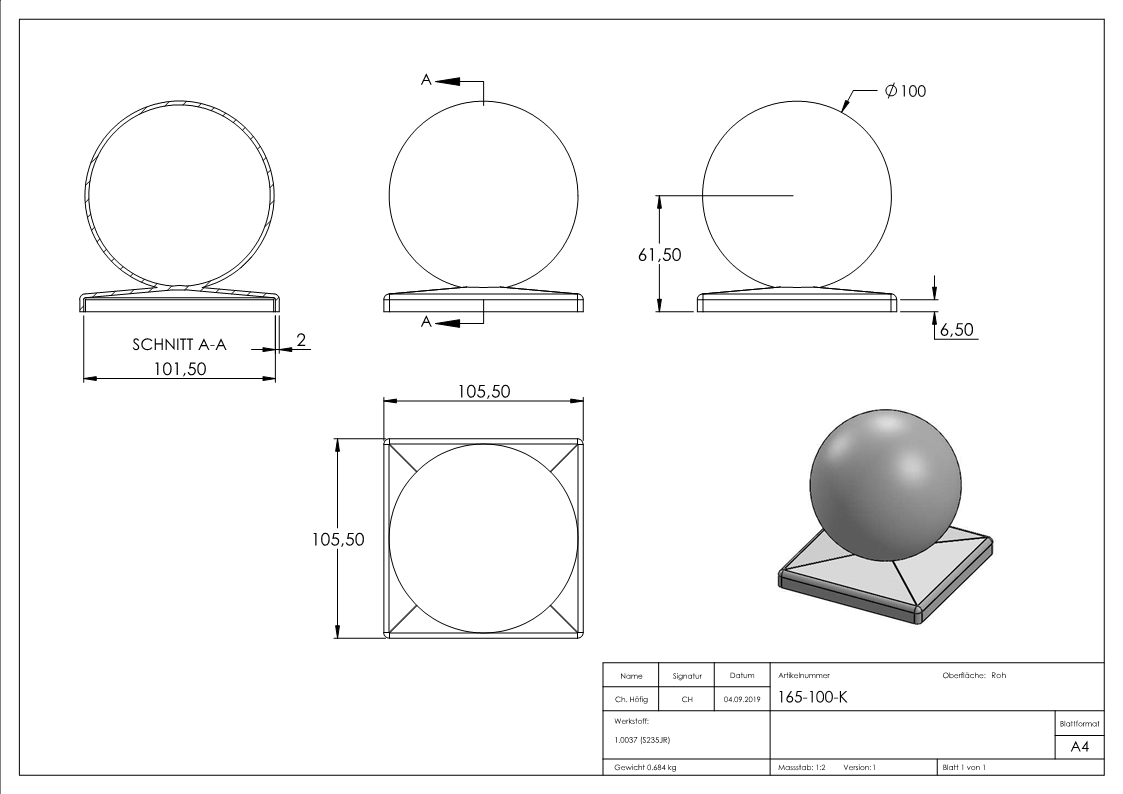 Pfeilerbedecker für Quadratrohr | 100x100 mm | mit Kugel Ø 100 mm | Stahl (Roh) S235JR