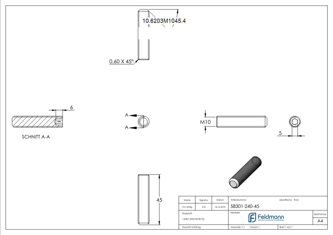 Gewindestift V2A M10x45 DIN 913 - ISO 4026-10-6203M1045.4