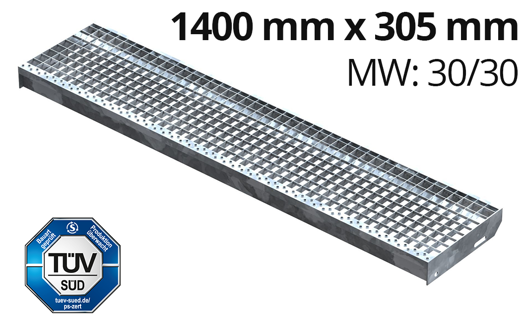 Gitterroststufe Treppenstufe Maße: 1400x305 mm 30/30 mm S235JR (St37-2), im Vollbad feuerverzinkt