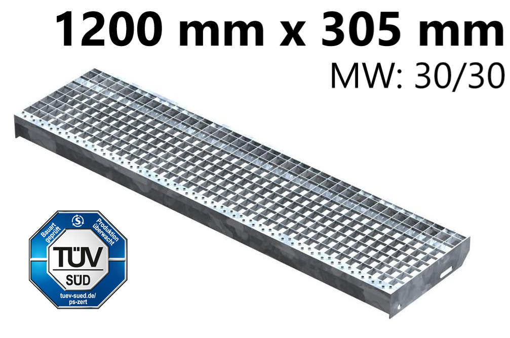 Gitterroststufe Treppenstufe Masse- 1200x305 mm 30-30 mm S235JR -St37-2- im Vollbad feuerverzinkt-40-1203030.7