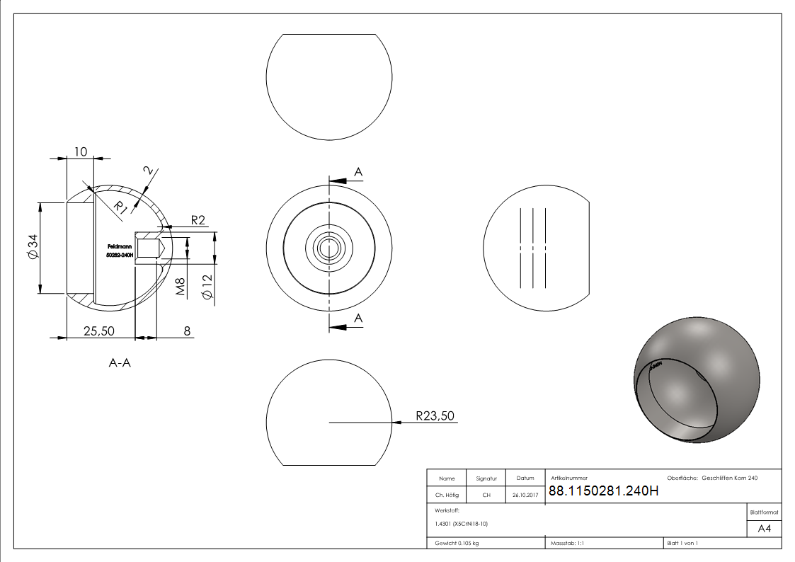 Rohrabschlusskugel hohl für 33,7mm Rohr, mit M8
