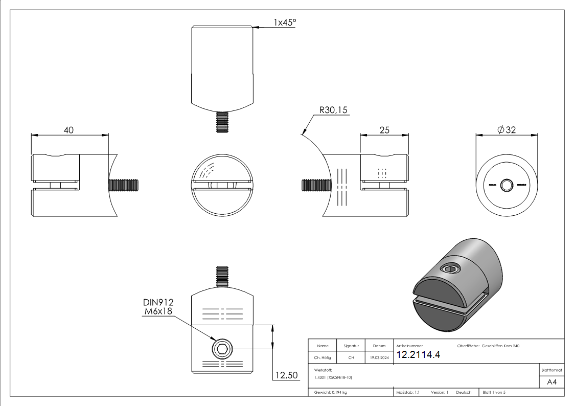 Blechhalter - Plattenhalter Ø 32 mm Edelstahl V2A – Anschluss 60-3 mm inkl- Schrauben - Gummieinlage-12-2114.4