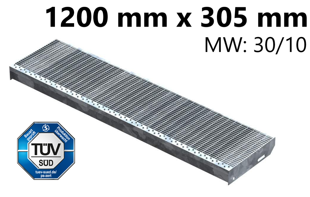 Gitterroststufe Treppenstufe Maße: 1200x305 mm 30/10 mm S235JR (St37-2), im Vollbad feuerverzinkt