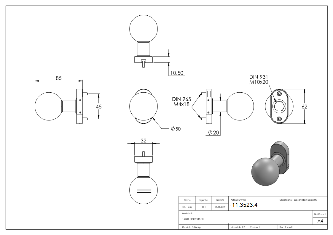 V2A Tuerdruecker gerade mit Kugel Ø 50 mm feststehen-11-3523.4