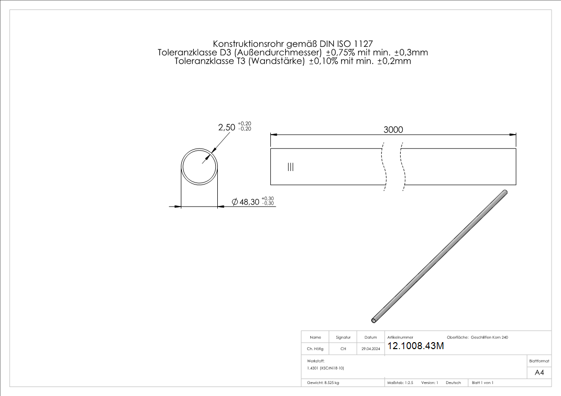 Rundrohr Ø 48,3 x 2,6 mm á 3 m Edelstahl
