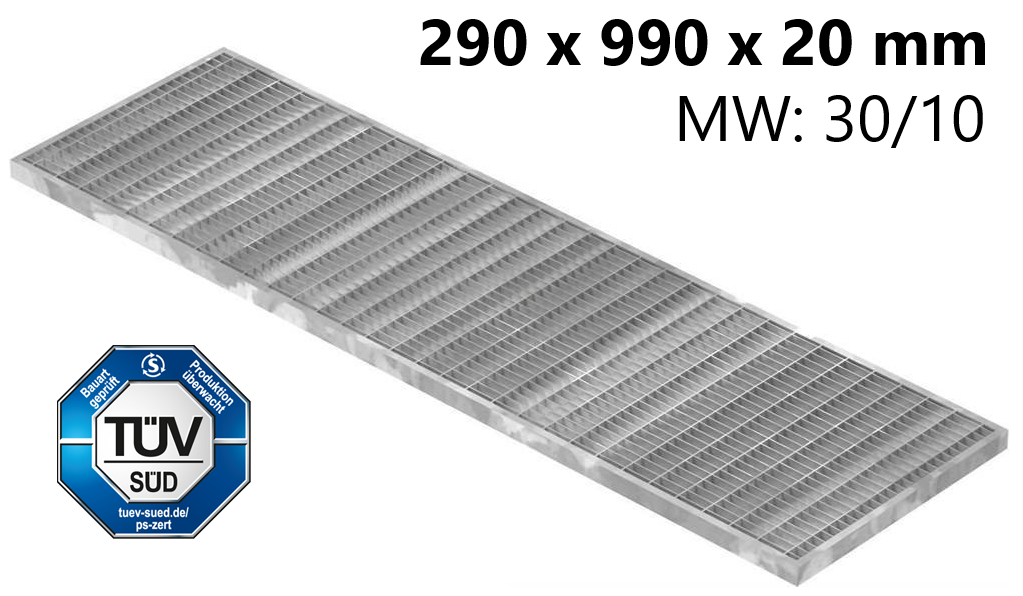 Lichtschachtrost Baunormrost | Maße:  290x990x20 mm 30/10 mm | aus S235JR (St37-2), im Vollbad feuerverzinkt