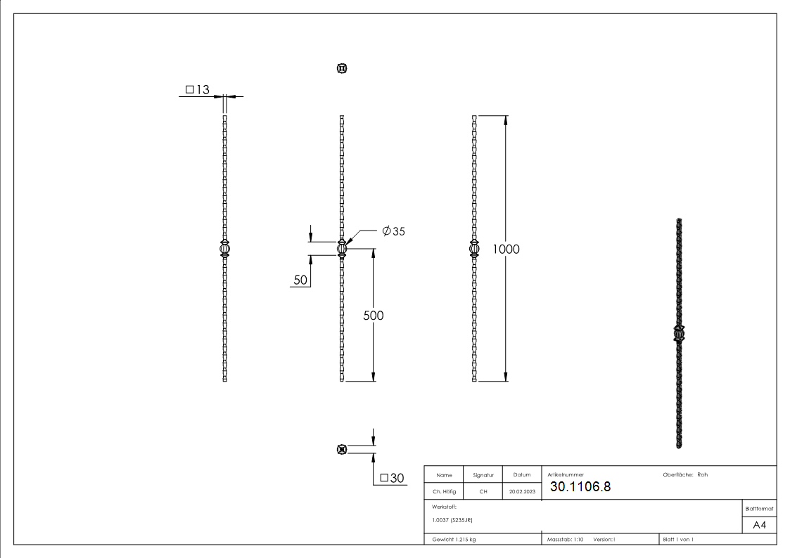 Zwischenstab | Länge: 900 mm | Material: 13x13 mm | gehämmert | Stahl S235JR, roh