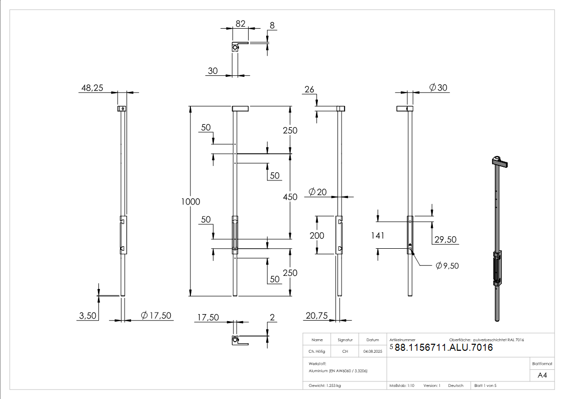 Bodenriegel XL mit Laenge 1000mm- zum Anschrauben- RAL 7016-88-1156711-ALU.7016