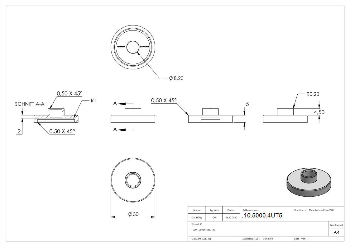 Glaspunkthalter-Unterteil Ø 30 mm- V2A- Hoehe- 5 mm-10-5000.4UT5